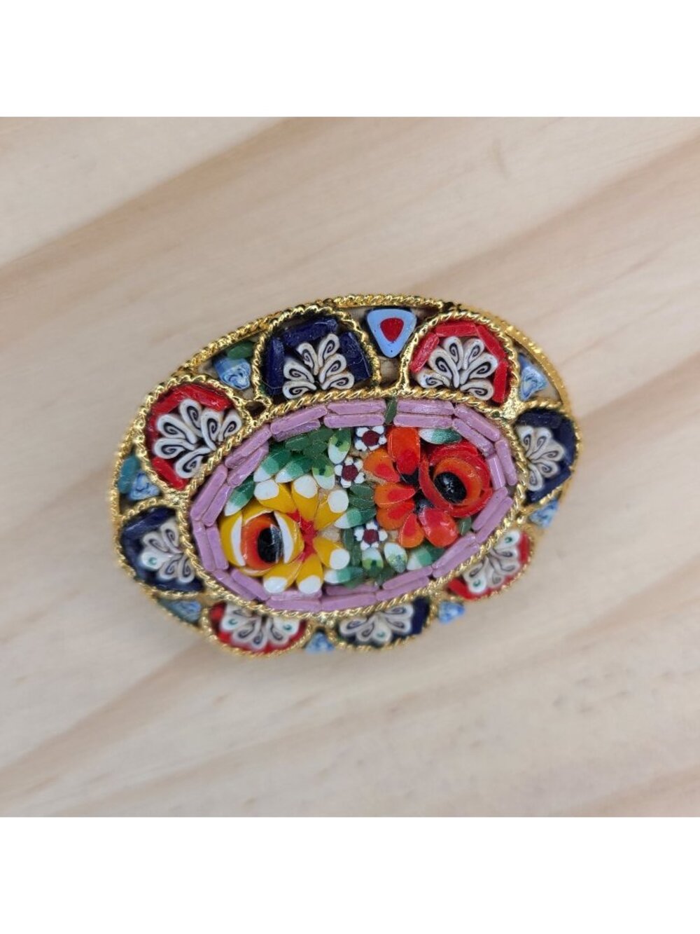 Vintage Italian Micro Mosaic Floral Brooch Gold-Tone Oval Shaped Handcrafted Pin